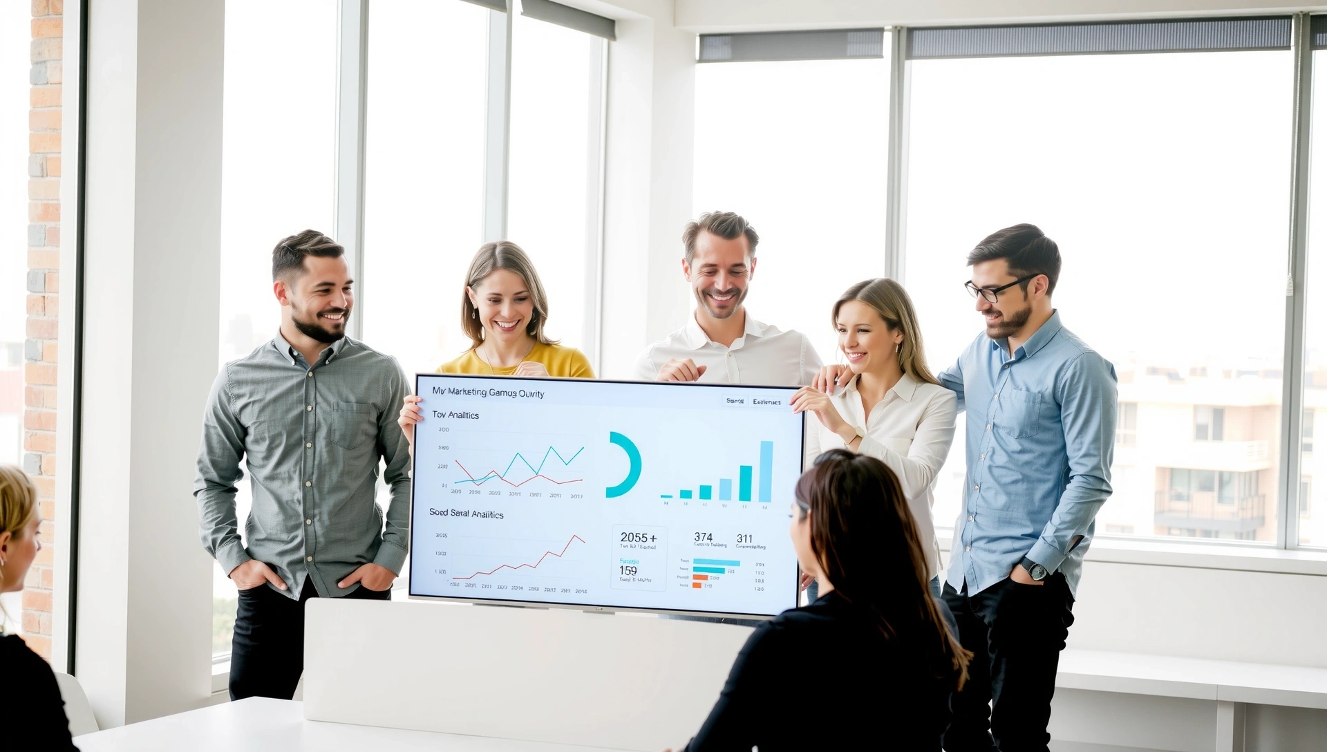 BrandPilot team collaborating in a modern office space, demonstrating synergy and innovation.