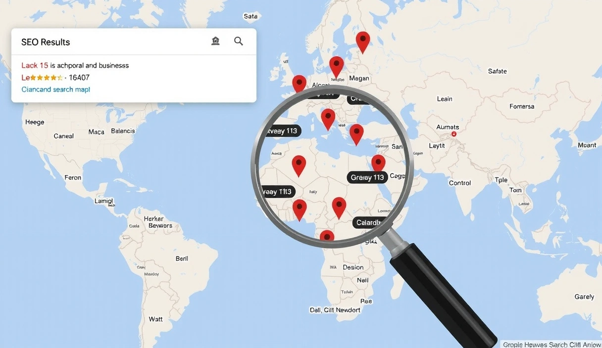 A map highlighting local businesses with pin markers, showing a magnifying glass over a specific area, representing local SEO search results. No text.