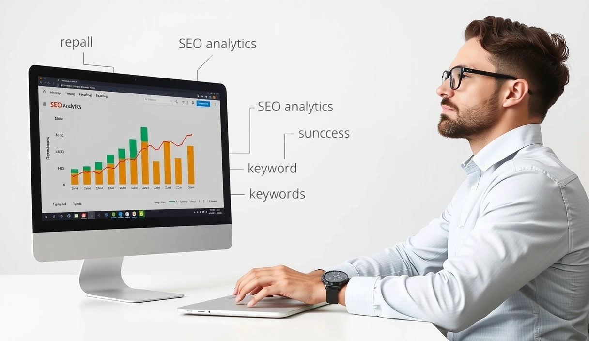 A small business owner looking at a laptop with SEO analytics on screen, surrounded by graphs and keywords, representing digital marketing success.