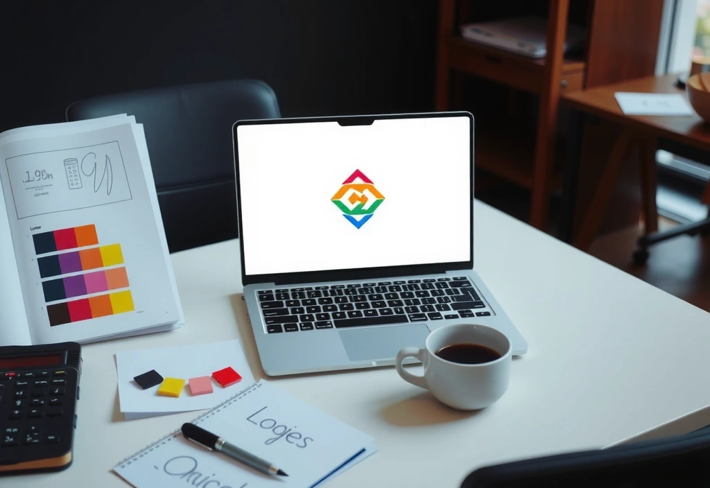 Designer working on a brand identity with various design tools and sketches