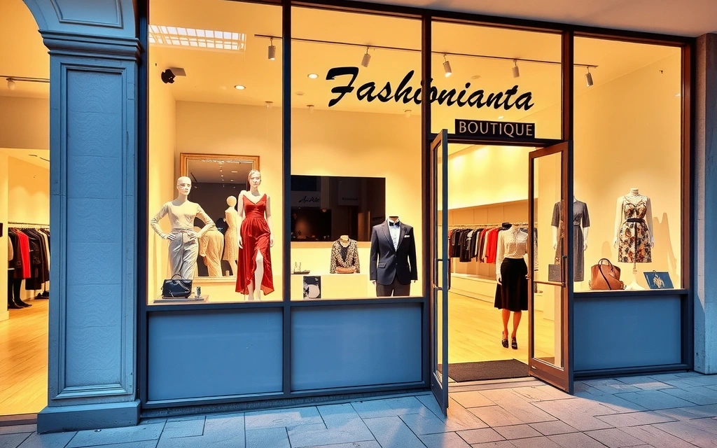 Fashionista Boutique storefront with elegant mannequins