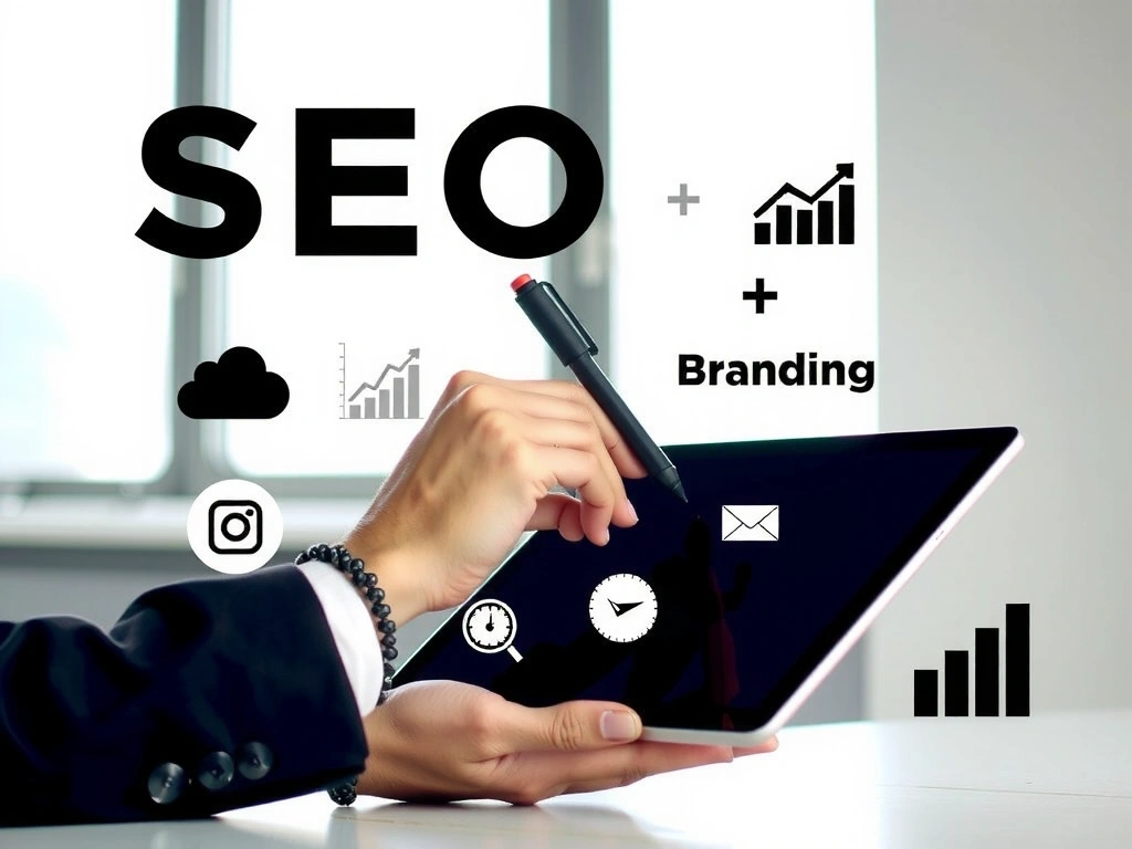 Person writing on a tablet, surrounded by digital marketing icons