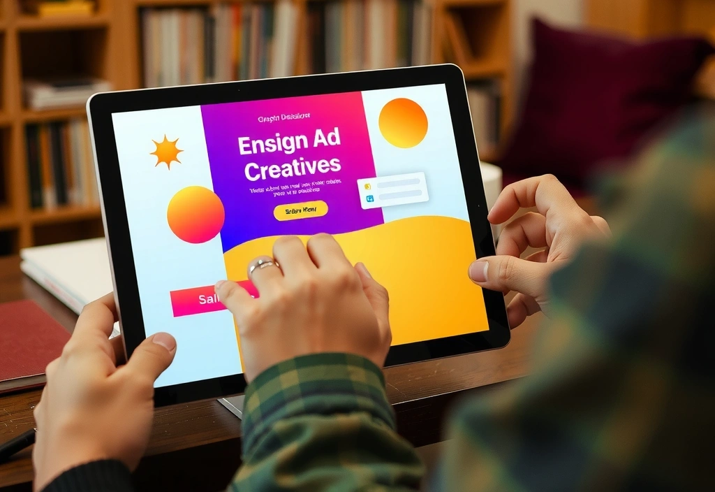 A graphic designer working on an ad creative on a tablet, with vibrant colors and engaging visuals.