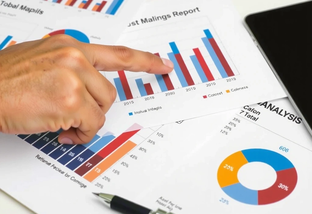 A printed report with charts and data, being reviewed by a business professional.