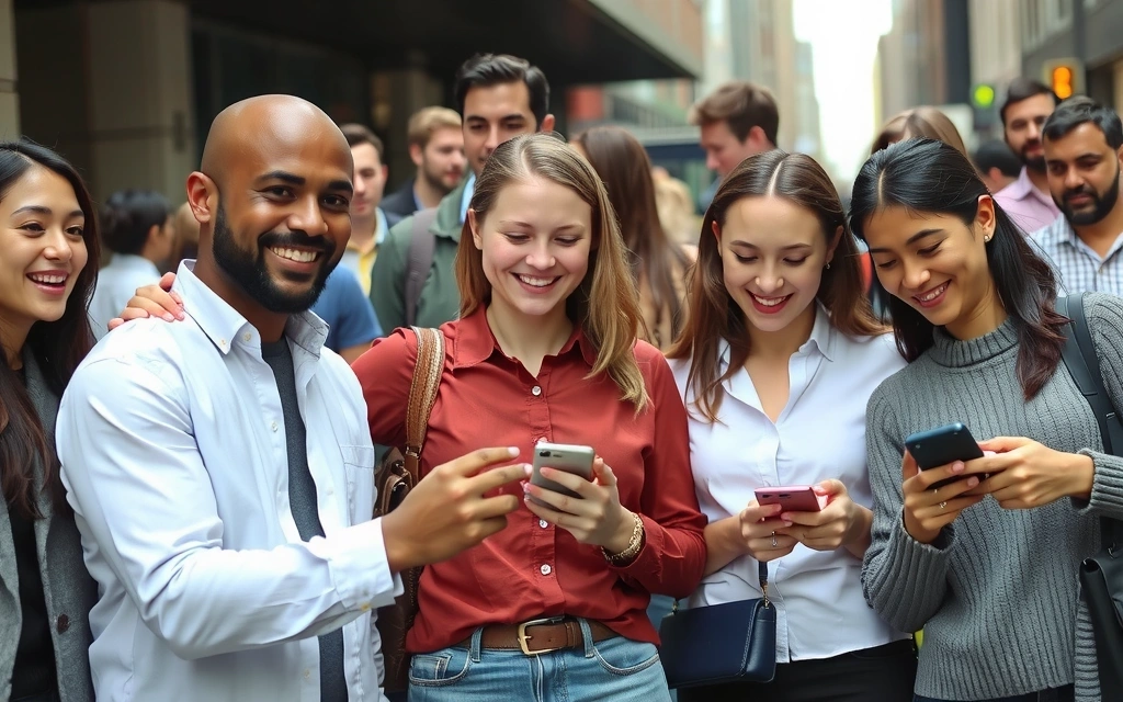 A diverse group of people engaging with content on their smartphones and tablets, representing increased brand awareness.