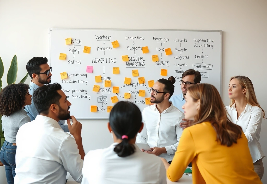 A team of marketers collaborating on a strategy whiteboard, with diagrams and sticky notes.