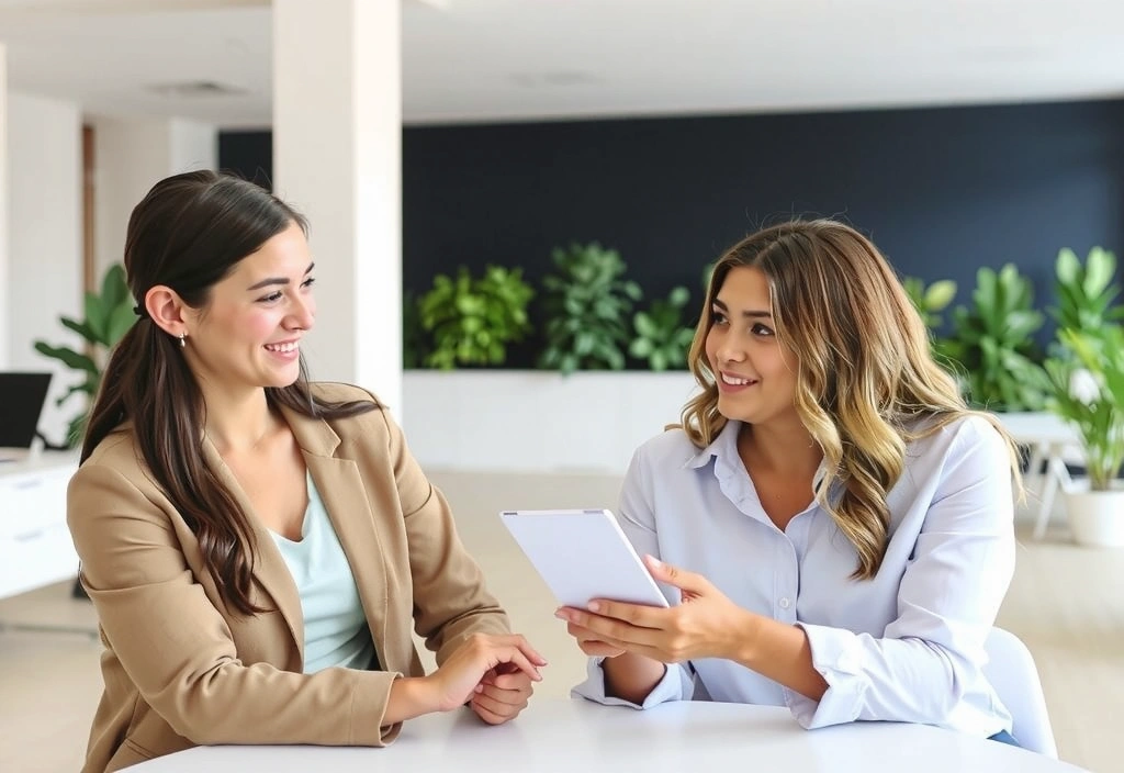 Two professionals in a friendly discussion, symbolizing client support and partnership.