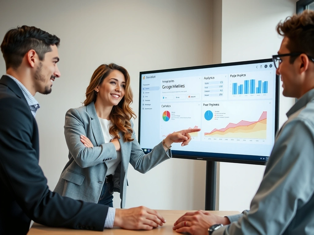 A BrandPilot team member collaborating with a client, discussing project milestones on a large digital screen.