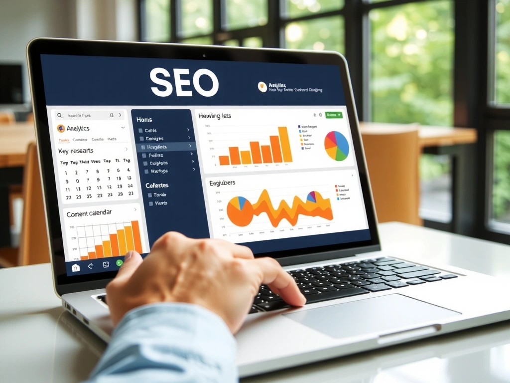 A person working on a laptop with SEO analytics charts and content ideas on the screen