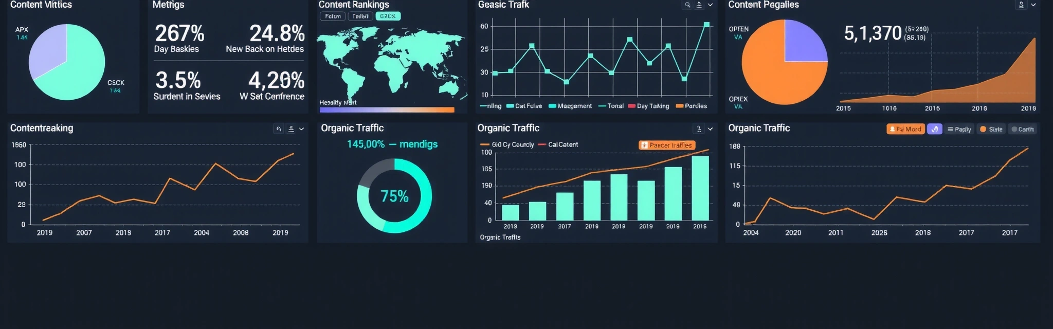 Digital marketing analytics dashboard showing SEO metrics and content performance