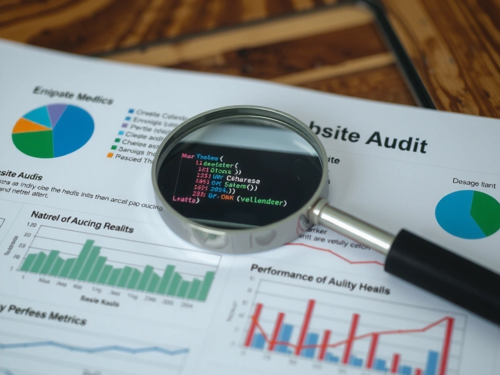 Magnifying glass over a website audit report with data charts