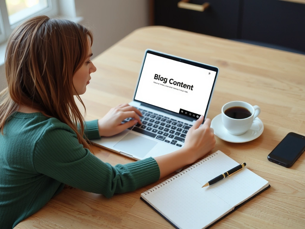 Person writing engaging blog content with a laptop and coffee