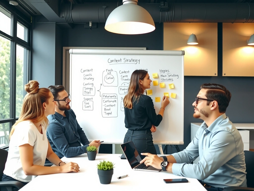 Team collaborating on a strategic marketing plan with whiteboards and sticky notes