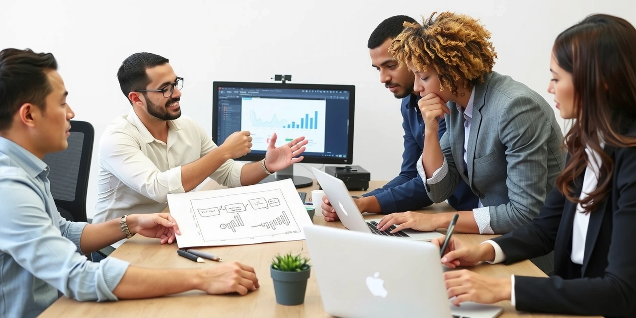 Diverse marketing activities with a team collaborating on a digital strategy