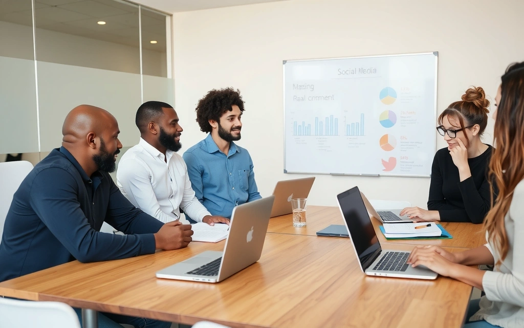 Team collaborating on social media strategy with charts and graphs