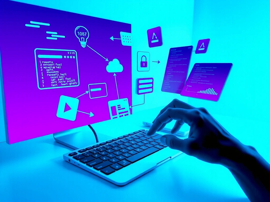 Detailed web development process diagram with code snippets and design elements