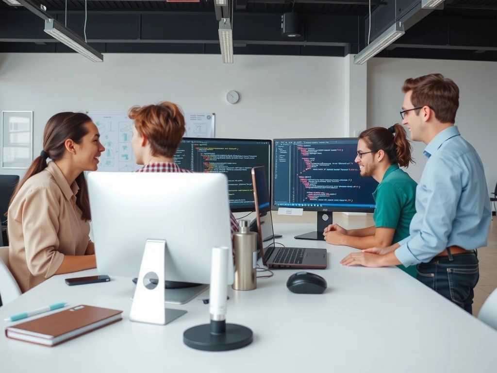Team of web developers collaborating on a project with various screens and diagrams